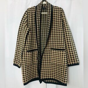 Ann Taylor Houndstooth Long Coatigan Duster Cardigan Sweater Large Black Beige